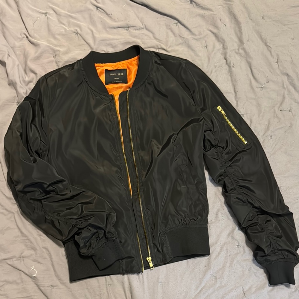 Love Tree Varsity Bomber Jacket Black Orange